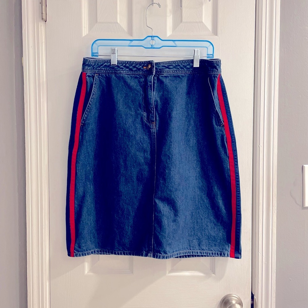 Y2K vintage style Boden denim a-line skirt jean skirt red blue ribbon size 10R.